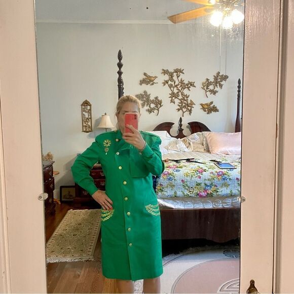 Vintage‎ 80s Linda Lewis green cotton military style long jacket or coat dress - Picture 2 of 11
